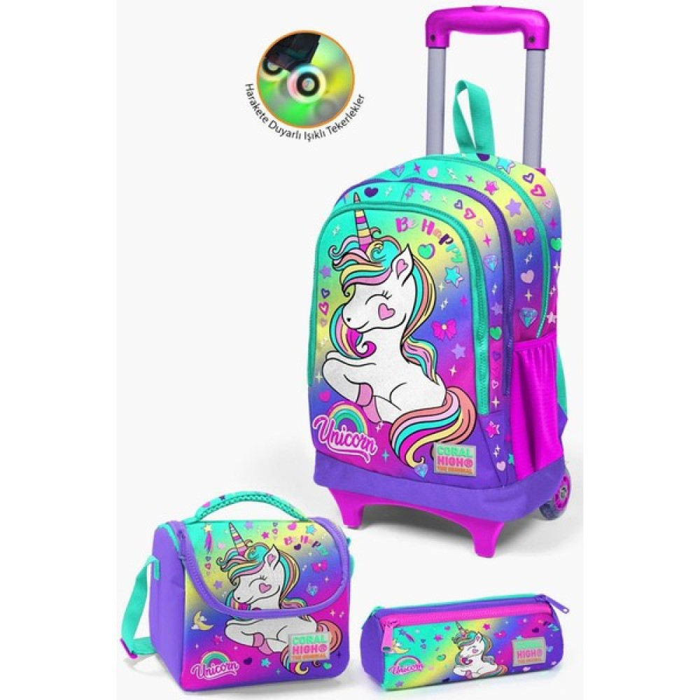 Coral High Kids Lavanta Su Yeşili Unicorn Desenli Çekçekli 3'lü Çanta Seti GOSET0123929 Unisex Sırt Çantası Fiyatı