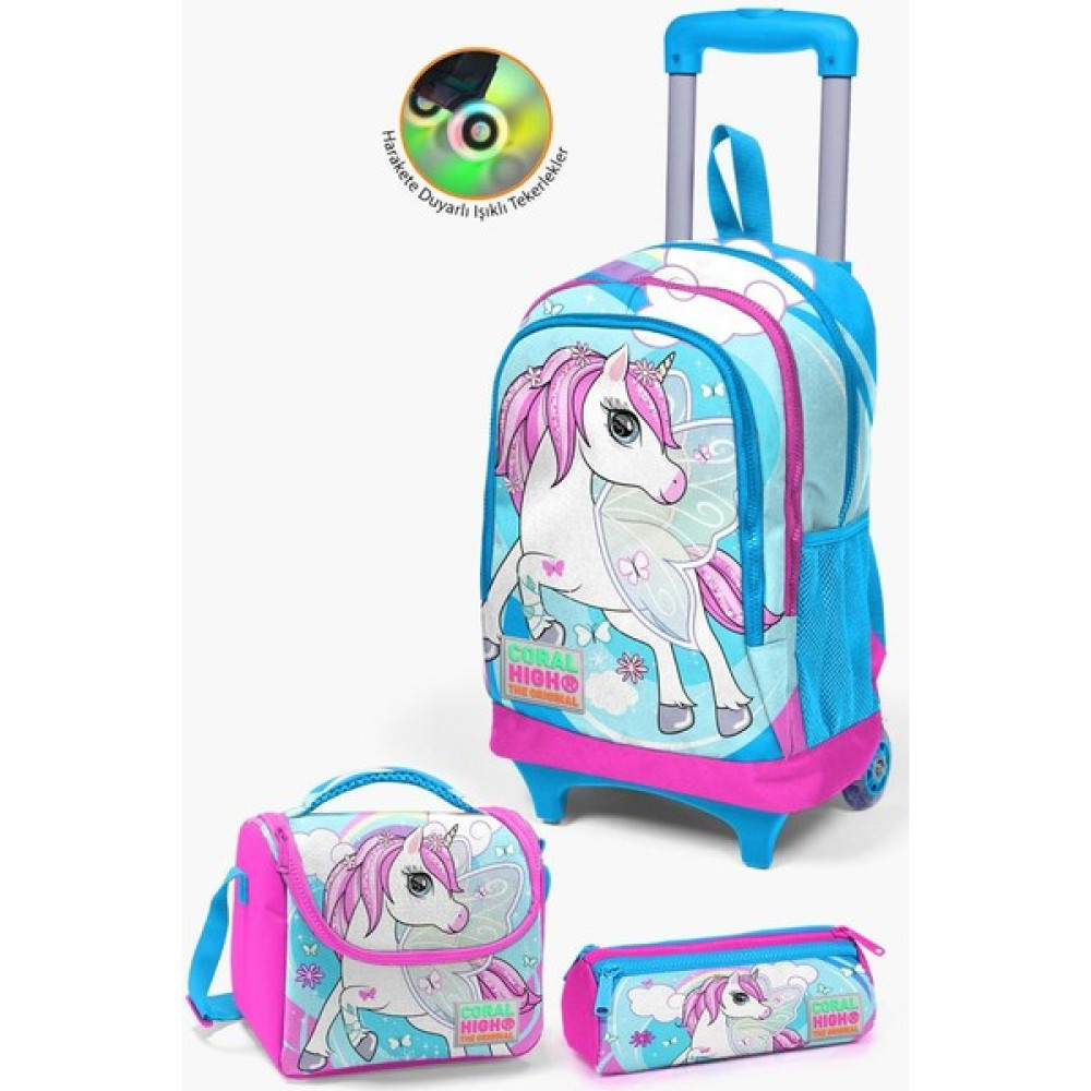 Coral High Kids Mavi Neon Pembe Unicorn Desenli Çekçekli 3'lü Çanta Seti GOSET0123911 Unisex Sırt Çantası Fiyatı