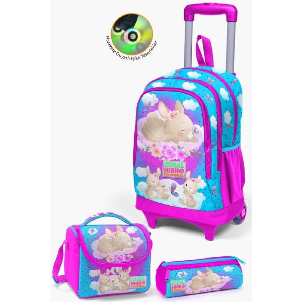 Coral High Kids Mavi Pembe Tavşan Desenli Çekçekli 3'lü Çanta Seti GOSET0123936 Unisex Sırt Çantası Fiyatı