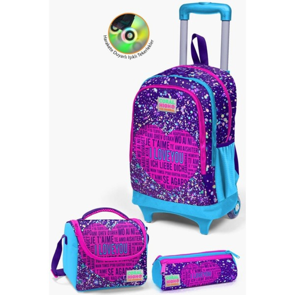 Coral High Kids Mor Mavi Pembe Kalp Desenli Çekçekli 3'lü Çanta Seti GOSET0123940 Unisex Sırt Çantası Fiyatı