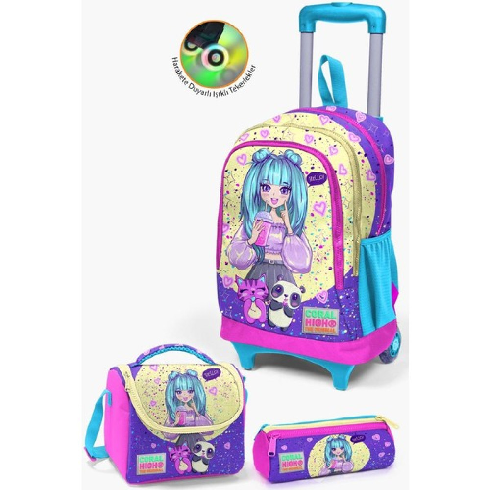 Coral High Kids Mor Pembe Anime Kız Desenli Çekçekli 3'lü Çanta Seti GOSET0123935 Unisex Sırt Çantası Fiyatı