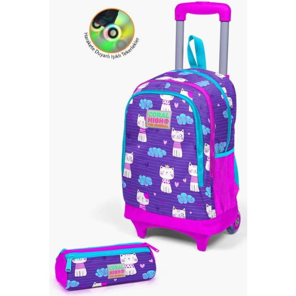 Coral High Kids Mor Pembe Kedi Desenli Çekçekli 2'li Çanta Seti GOSET0223360 Unisex Sırt Çantası Fiyatı