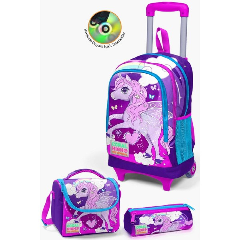 Coral High Kids Mor Pembe Unicorn Desenli Çekçekli 3'lü Çanta Seti GOSET0123908 Unisex Sırt Çantası Fiyatı