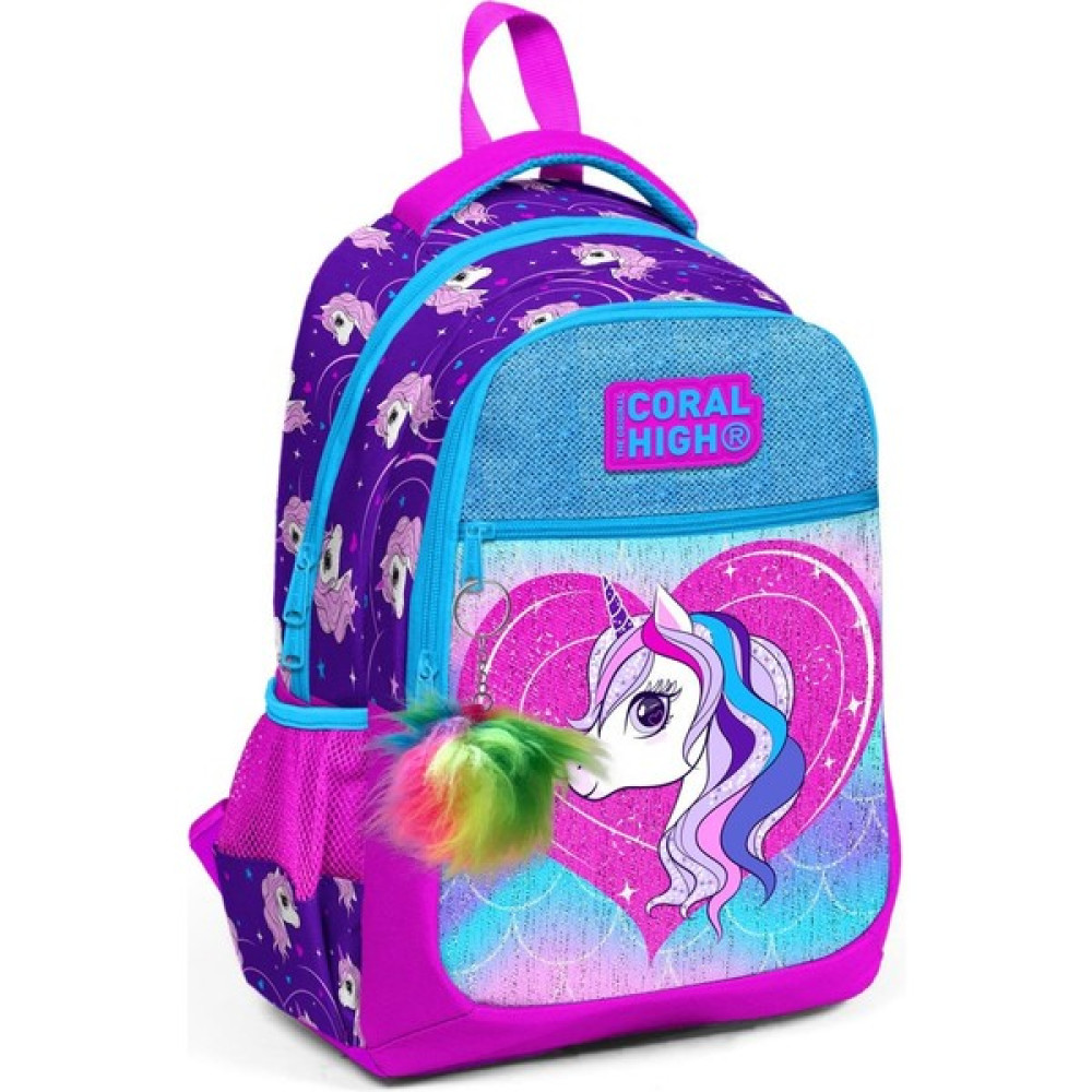 Coral High Kids Mor Pembe Unicorn Desenli Simli Üç Bölmeli Okul Sırt Çantası Okul Çantası Fiyatı