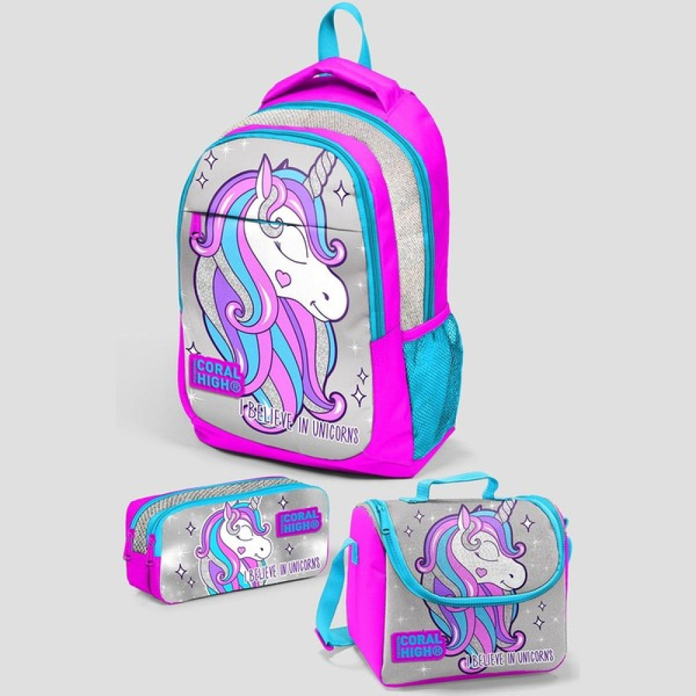 Coral High Kids Pembe Gümüş Simli Unicorn Desenli Üç Bölmeli Okul Sırt Çantası 3'lü Set Okul Çantası Fiyatı