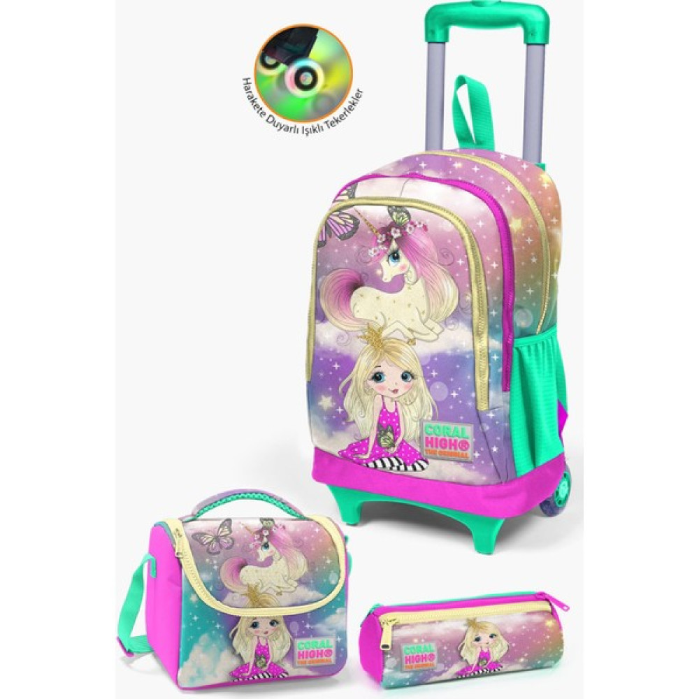Coral High Kids Pembe Su Yeşili Unicornlu Kız Desenli Çekçekli 3’lü Okul Çanta Seti SET0123933 Okul Çantası Fiyatı