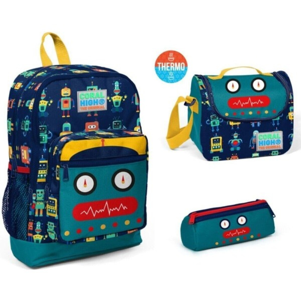 Coral High Kids Robot Desenli Dört Bölmeli USB Şarjlı Kulaklık Çıkışlı Okul Sırt Çantası 3’lü Okul Çantası Fiyatı