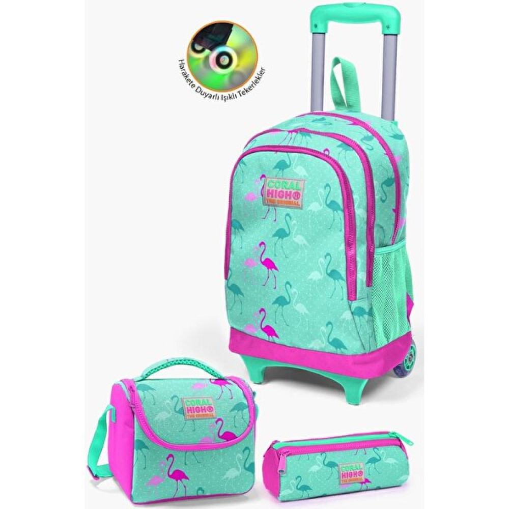 Coral High Kids Su Yeşili Neon Pembe Flamingo Desenli Çekçekli 3'lü Çanta Seti GOSET0123131 Unisex Sırt Çantası Fiyatı