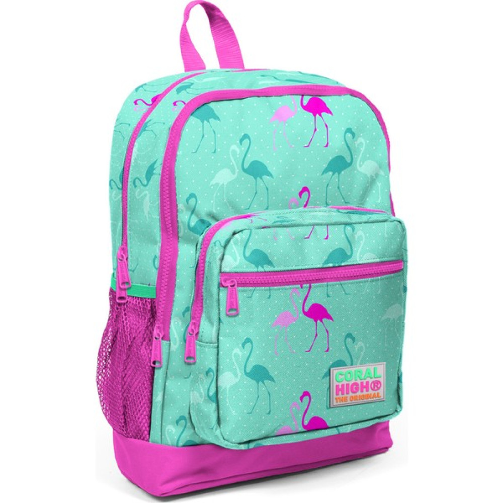 Coral High Kids Su Yeşili Neon Pembe Flamingo Desenli Dört Bölmeli Okul Sırt Çantası Okul Çantası Fiyatı