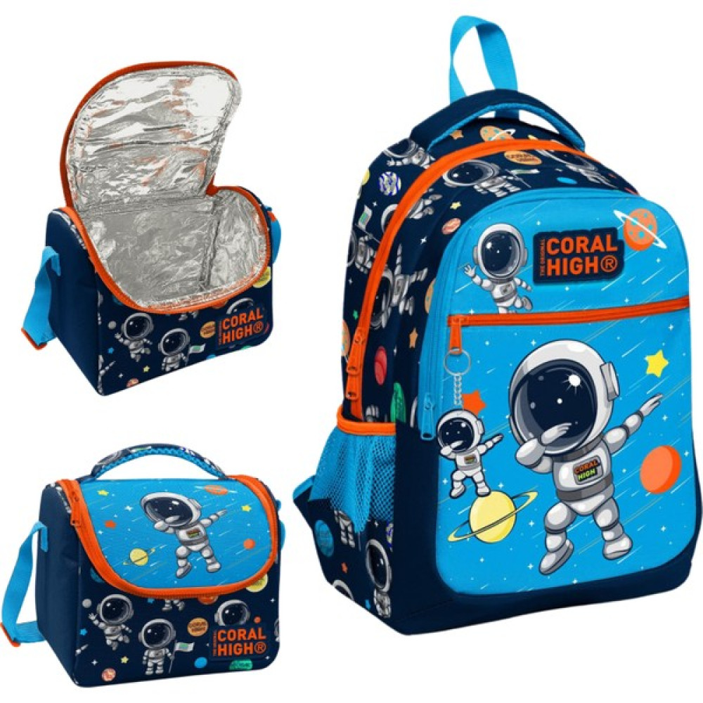 Coral High Lacivert Mavi Astronot Desenli Üç Bölmeli Okul Sırt Çantası , Thermo Beslenme Çantası 2 Li Set Okul Çantası Fiyatı