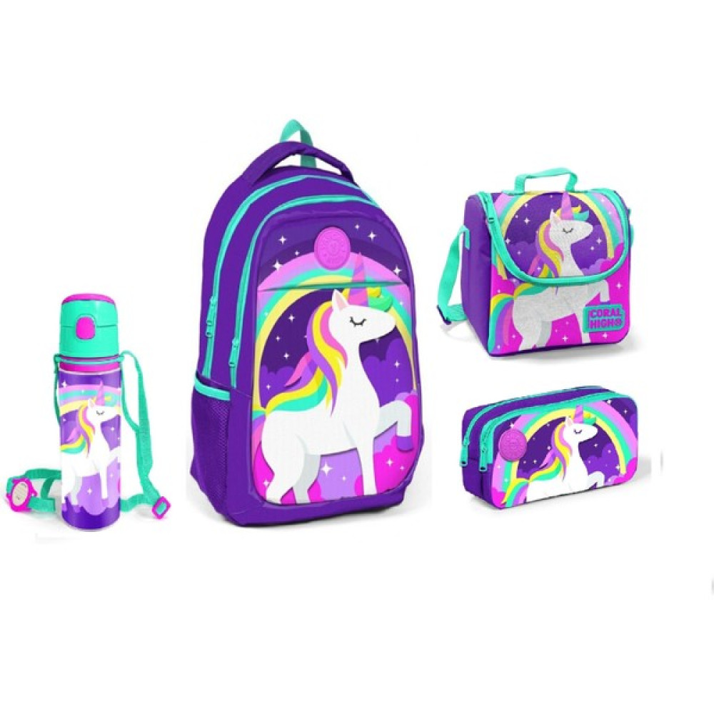 Coral High Lacivert Unicorn Desenli Beslenme Okul Çantası Kalemlik + Matara - 0 Okul Çantası Fiyatı