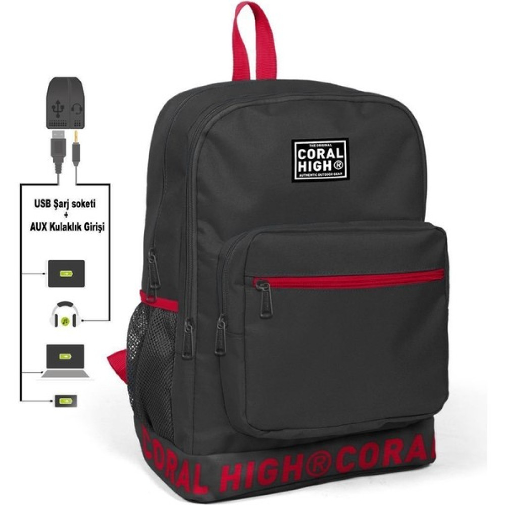 Coral High Nakış Logolu Usb Şarjlı Kulaklık Çıkışlı Koyu Gri Sırt Çantası 24105 Oto Boyaları Fiyatı