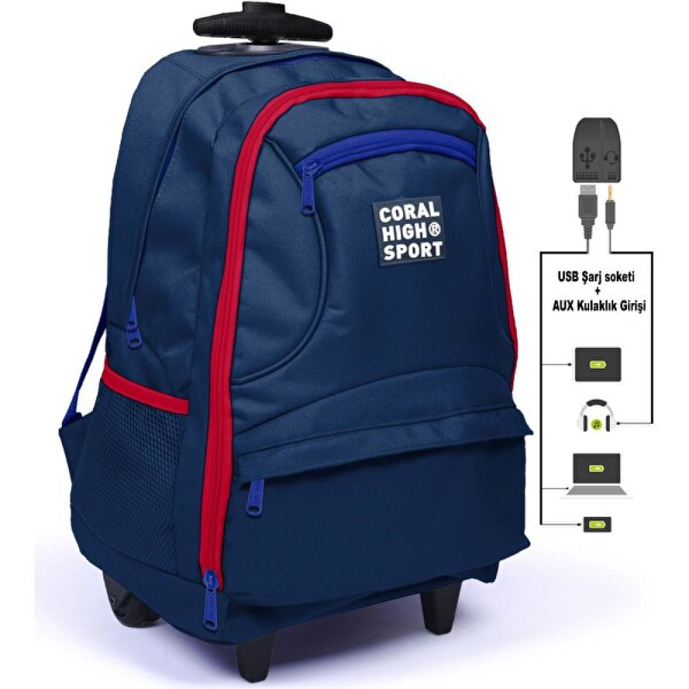 Coral High Sport 23254 Dört Bölmeli Usb Şarjlı Kulaklık Çıkışlı Çekçekli Sırt Çantası Lacivert - Kırmızı Okul Çantası Fiyatı