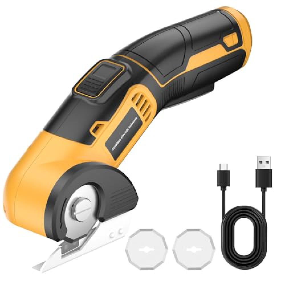Cordless Electric Scissors, 4V Rechargeable Cardboard Cutter Heavy Duty Fabric Scissor with Safety Lock & 1 Spare Blade, Power Rotary Box Cutters for Carpet Leather Plastic Cutting, Crafting, Sewing