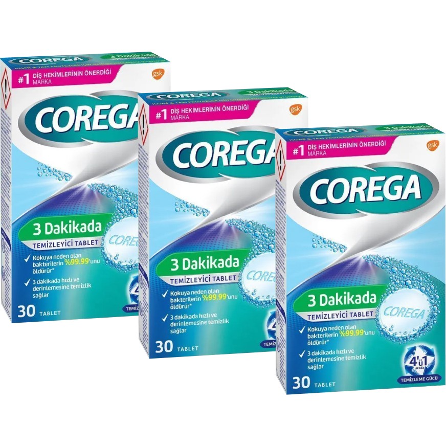 Corega 3 Dakikada Diş Protezi Temizleyici Tablet 90 Tablet Kokuya Neden Olan Bakterileri %99.99 Temizler Diğer Fiyatı