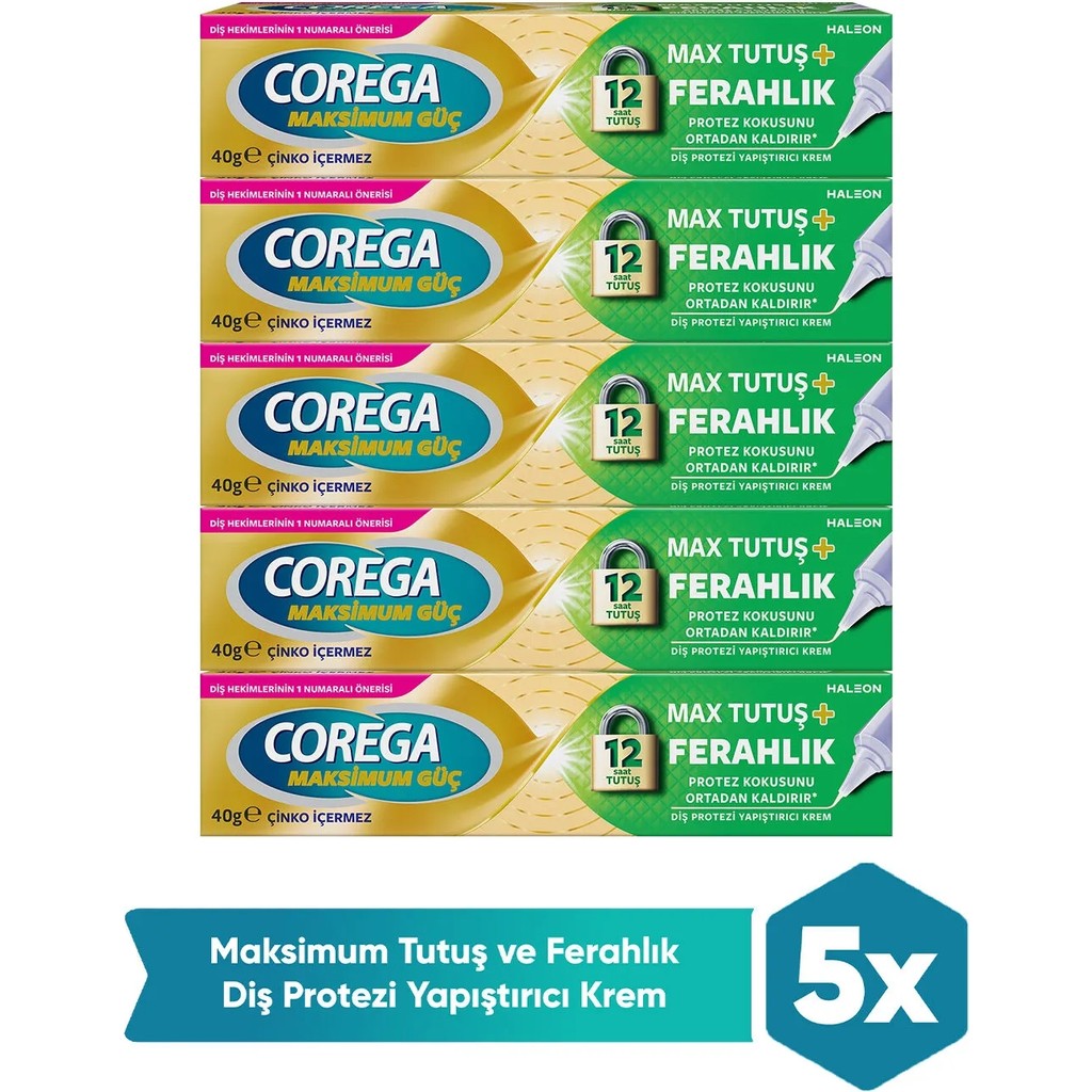 Corega 5 Adet Max Tutuş & Ferahlık Diş Protezi Yapıştırıcı Krem 40 gr Çinko İçeren Etkili Formül Diğer Fiyatı