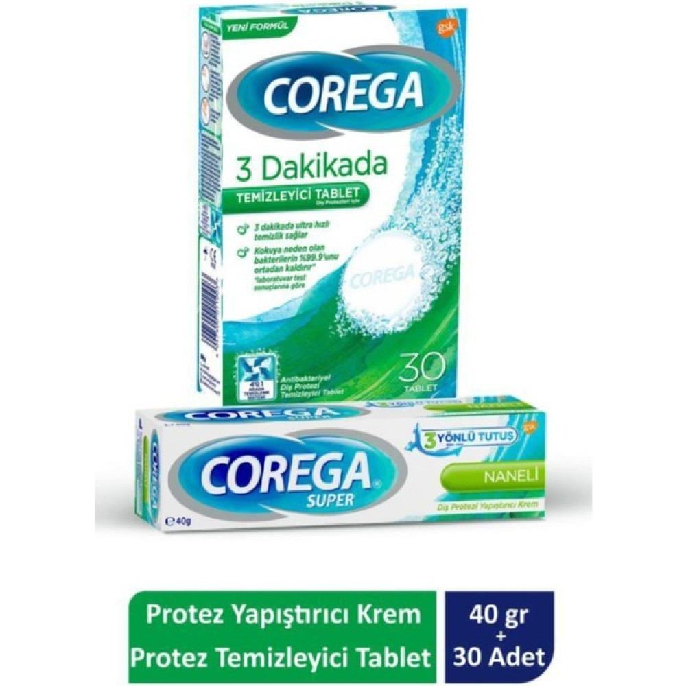 Corega Süper Protez Yapıştırıcı Krem 40 gr +Corega Cleanser Bio Protez Temizleme Tableti 30'lu Diş Beyazlatıcılar Fiyatı