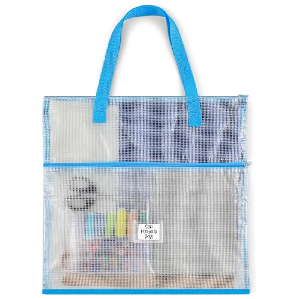 Cosblank 16.1x16.1inches Sew Project Bag Jumbo Sew Quilting Bag for Quilters and Crafter Portable and Organized Storage Mesh Vinyl Zipper Storage Pouch for Art and Wearable Craft(Blue)