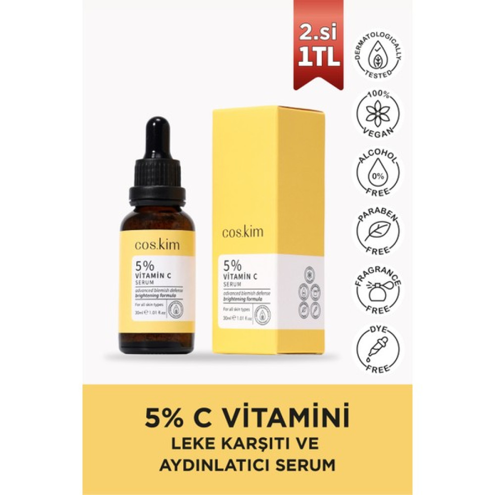 Cos.kim 5% C Vitamini ve Aydınlatıcı, Antioksidan Cilt Bakım Serumu | 5% Vitamin C Serum 30 ml Leke Kremi Fiyatı