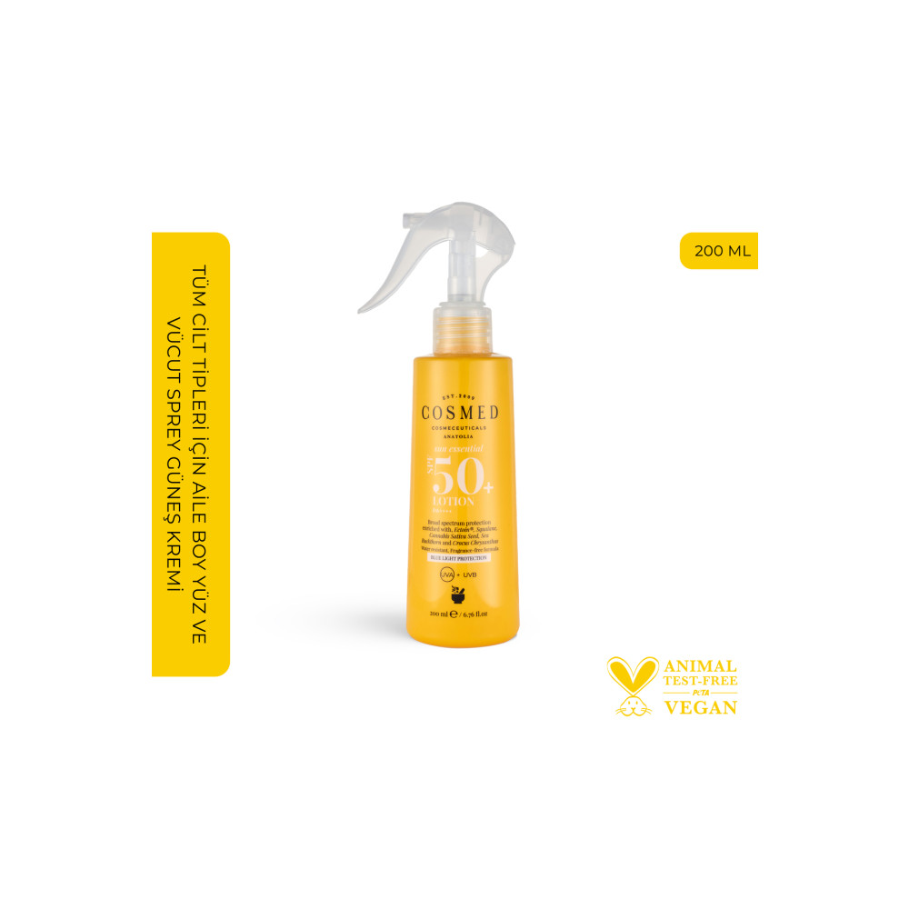 COSMED Sun Essential Lotion Spf 50 Tüm Cilt Tipleri Için Aile Boy Yüz Ve Vücut Sprey Güneş Kremi 200 ml Güneş Kremleri ve Losyonları Fiyatı