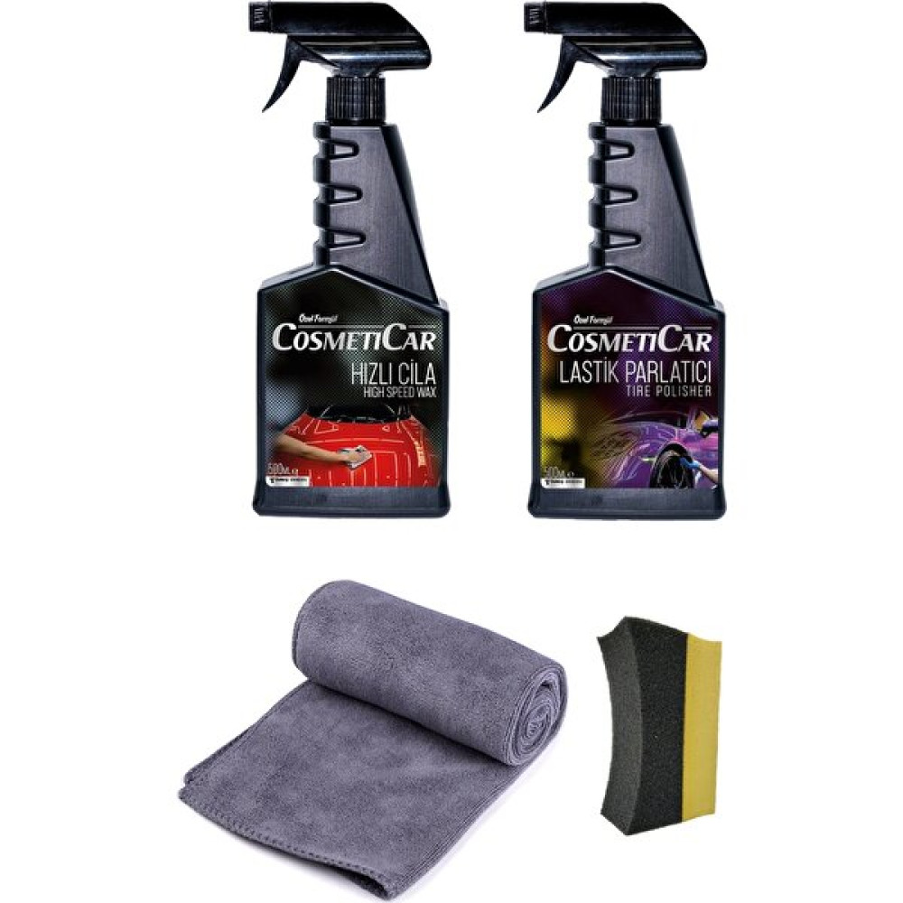 CosmetiCar Hızlı Cila 500ML , Lastik Parlatıcı 500ML ,50X70CM Mikrofiber Bez, Uygulama Süngeri 4'lü Set - Siyah Oto Bakım & Temizlik Ürünleri Fiyatı