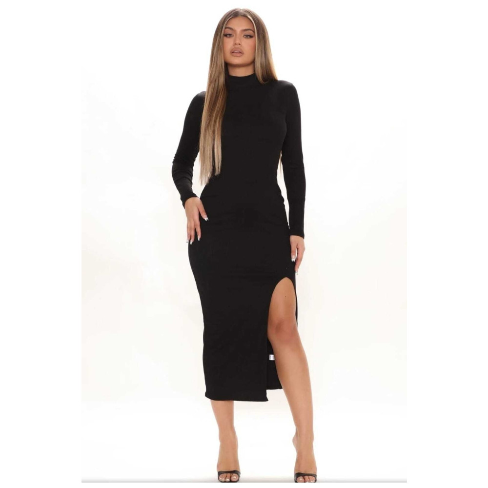 COSMICLINE Kadın Yarım Balıkçı Yaka Tek Bacak Yırtmaçlı Uzun Kollu Bodycon Elbise L Beden Elbise Fiyatı