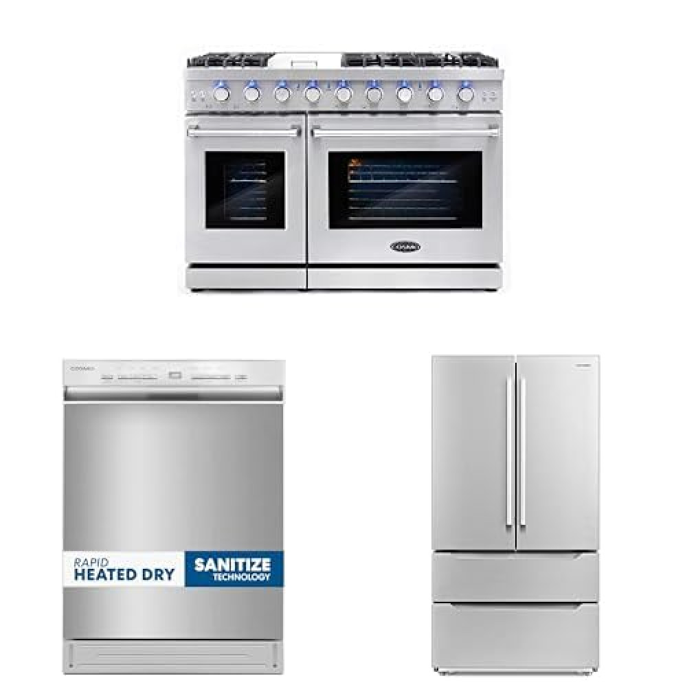 COSMO 3-Piece Kitchen Appliance Packages, 48" Gas Range, 24" Dishwasher and French Door Refrigerator