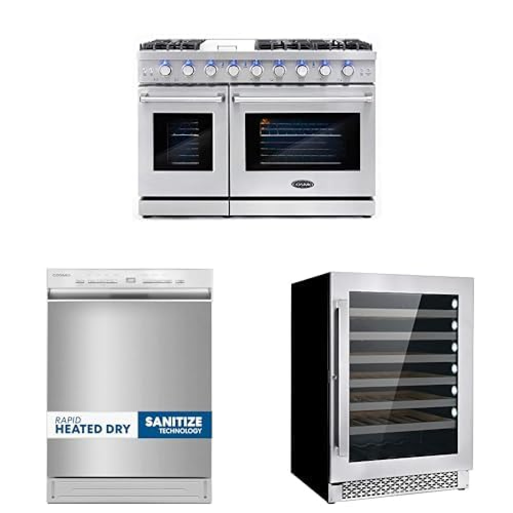 COSMO 3-Piece Kitchen Appliance Packages, 48" Range, 24" Dishwasher and 48-Bottle Wine Refrigerator
