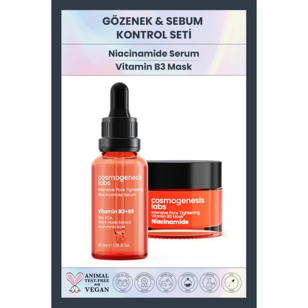 Cosmogenesis Labs Leke Niasinamid Vegan Serum 30ML + B3 Vitamin Maske Gözenek Sıkılaştırıcı Peeling Set Cilt ve Yüz Bakımı Fiyatı