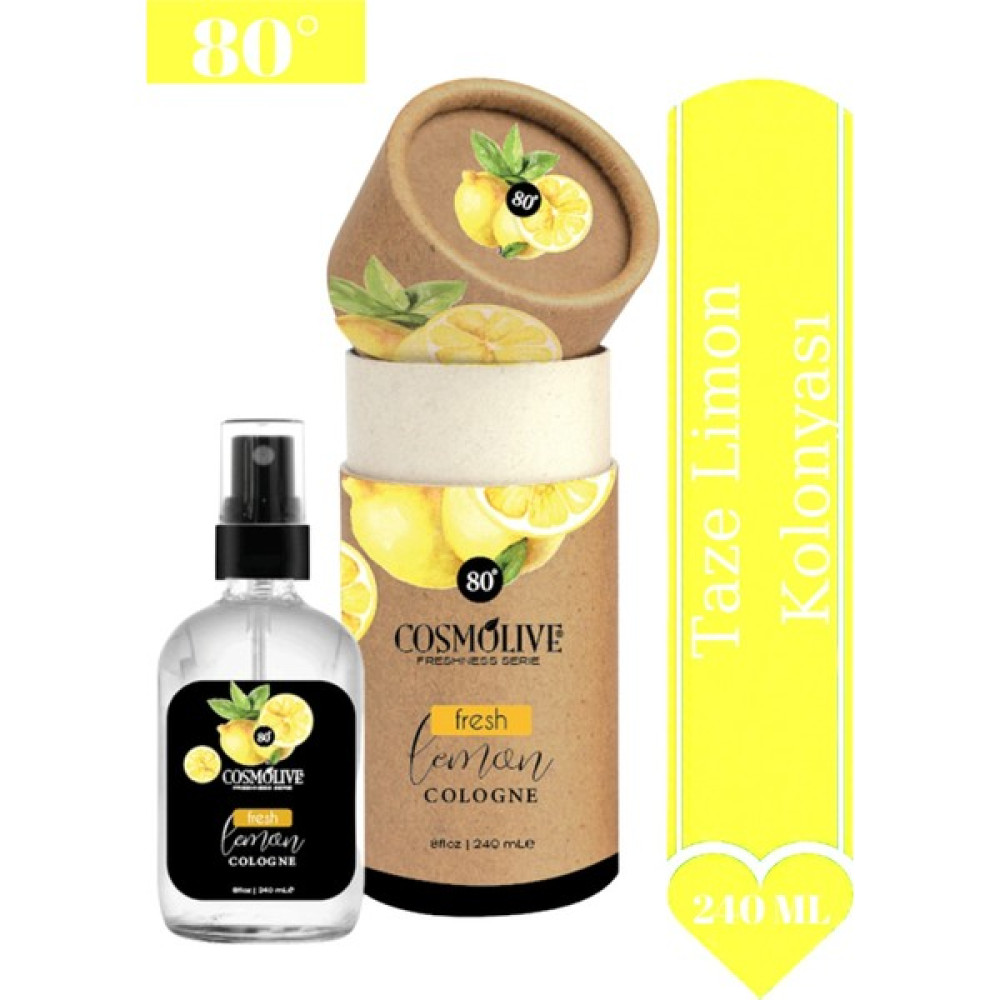 Cosmolive Taze Limon 80° Kolonya Spreyli, Cam Şişe, Özel Kraft Kutu 240 Ml Kolonya & Gülsuyu Fiyatı