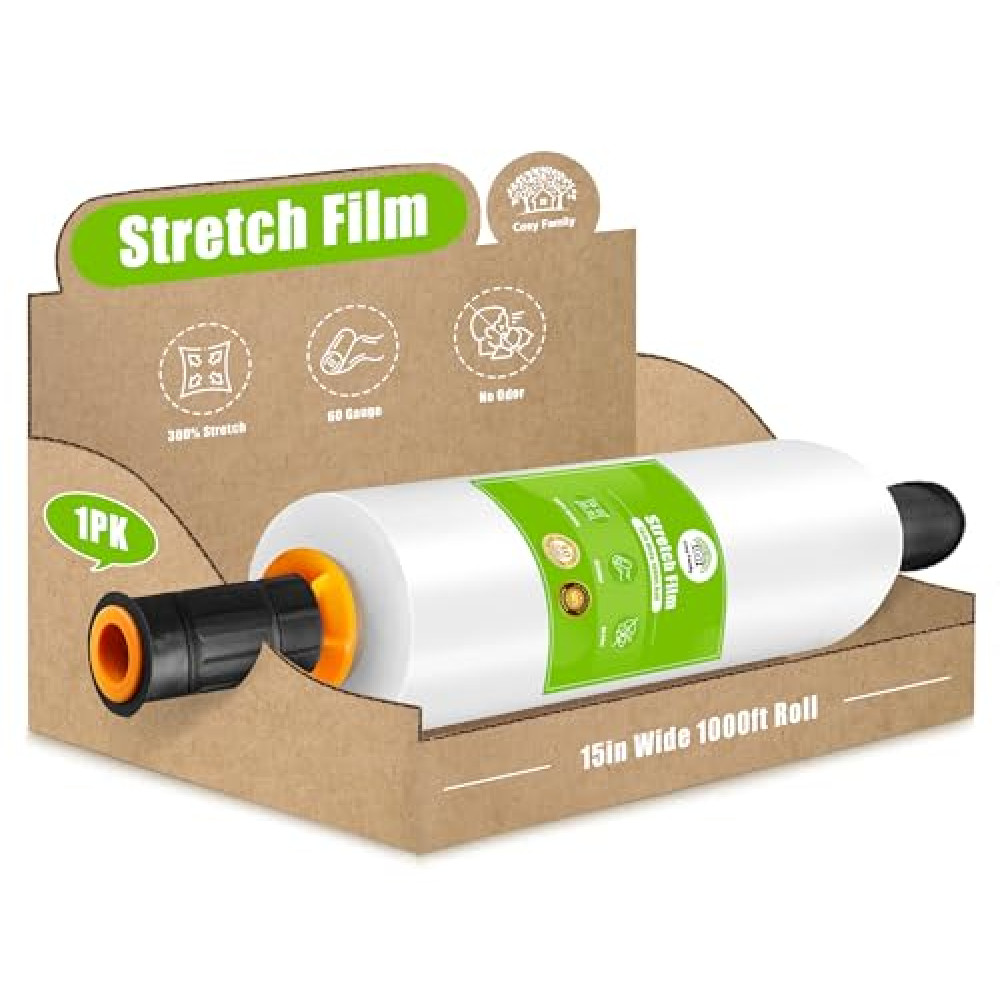 Cosy Family Plastic Wrap Stretch Film Roll - 1000ft 60 Gauge Industrial Strength 15 inch Wide Clear Plastic Wrap Roll with Handles for Pallet Wrapping Shipping Moving - Clear, Pack of 1