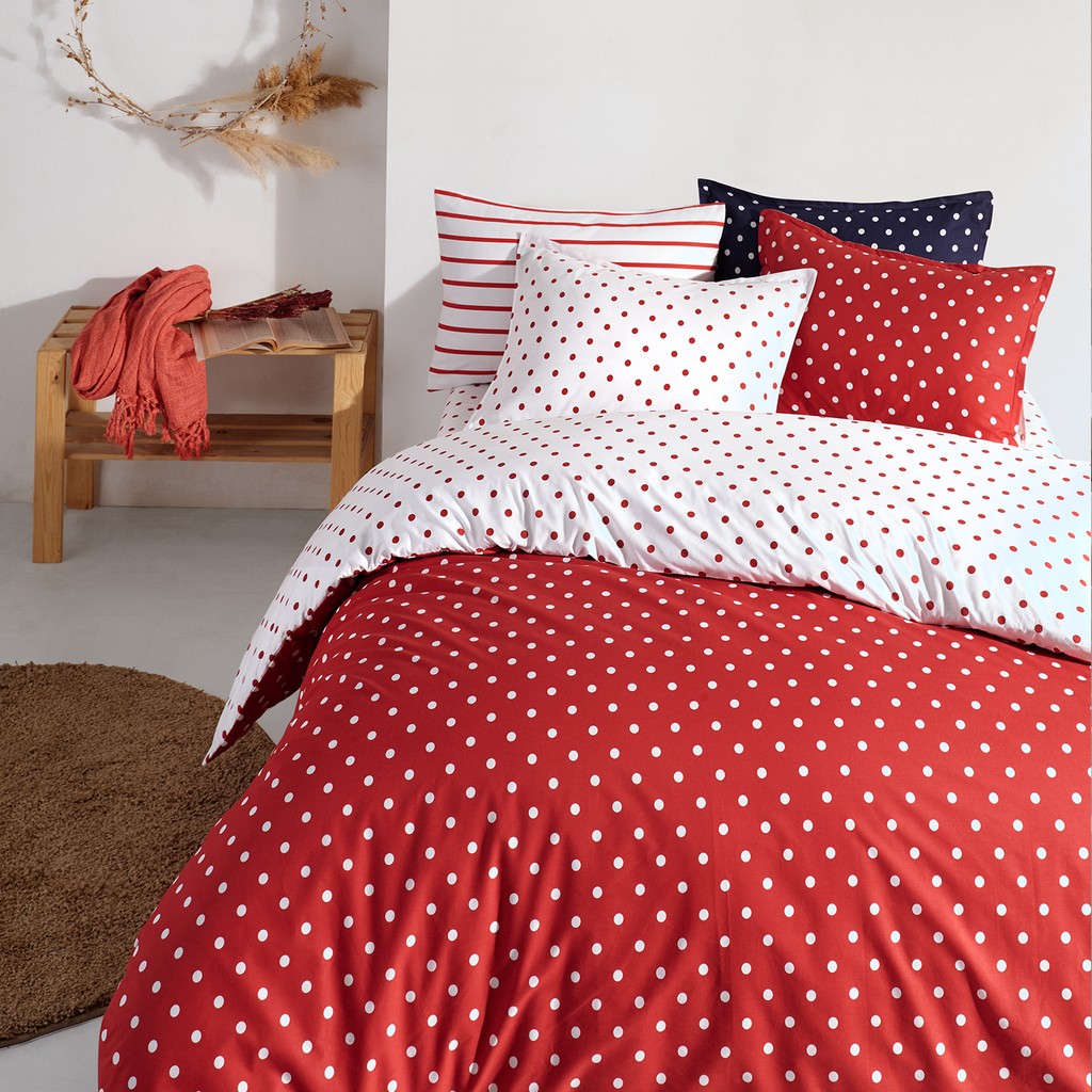 Coté Blanc Dots Kırmızı Ranforce Battal Boy Çift Taraflı Nevresim Takımı - Kırmızı - Beyaz - 240 x 220 cm Nevresim Takımı Fiyatı