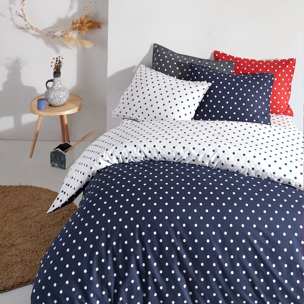 Coté Blanc Dots Mavi Ranforce Battal Boy Çift Taraflı Nevresim Takımı - Beyaz - Mavi - 240 x 220 cm Nevresim Takımı Fiyatı
