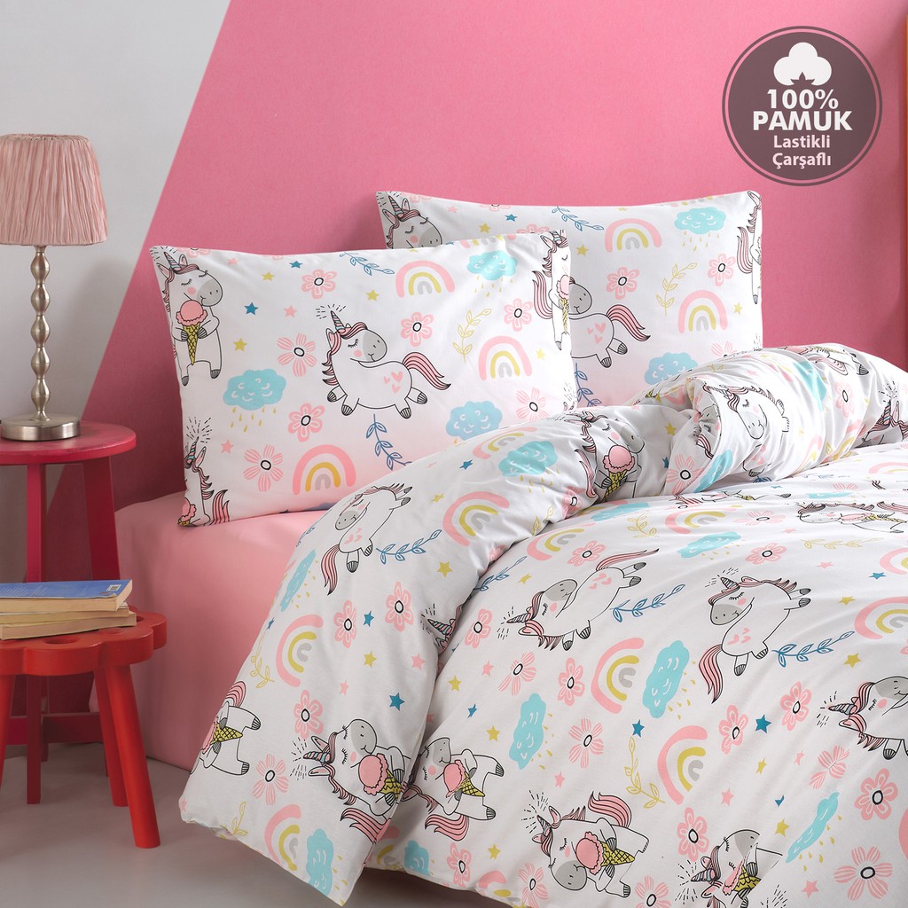 Cote Blanc Unicorn %100 Pamuk Tek Kişilik Lastikli Çarşaflı Nevresim Takımı - Renkli - 160 x 220 cm Nevresim Takımı Fiyatı