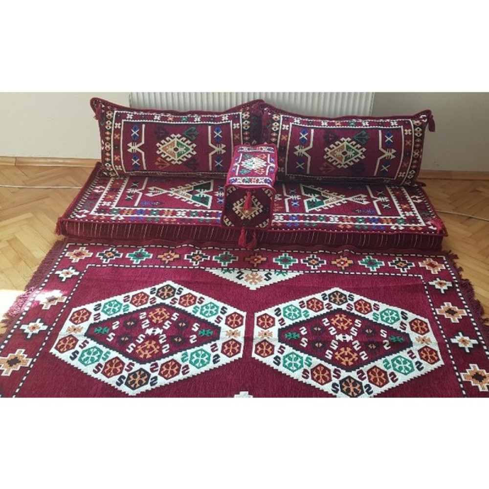 Coton Belkıs Desenli Şark Köşesi Minderi 120 * 200 cm Kilim Takımı Sünger Dahil - Bordo Puf Fiyatı