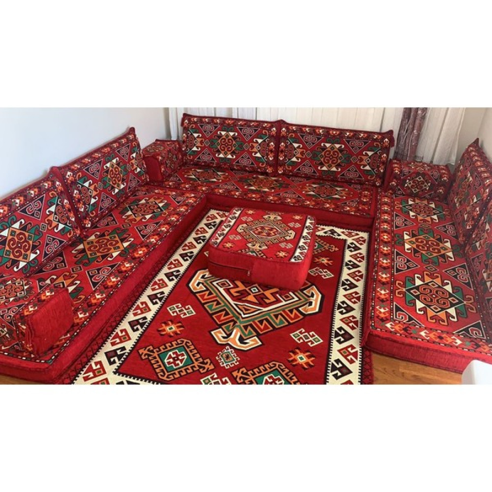Coton Osmanlı Desenli Şark Köşesi Minderi 160 x 240 cm Kilim Orta Puf Sehpa Takımı Konsept Kırmızı 14 Parça Puf Fiyatı