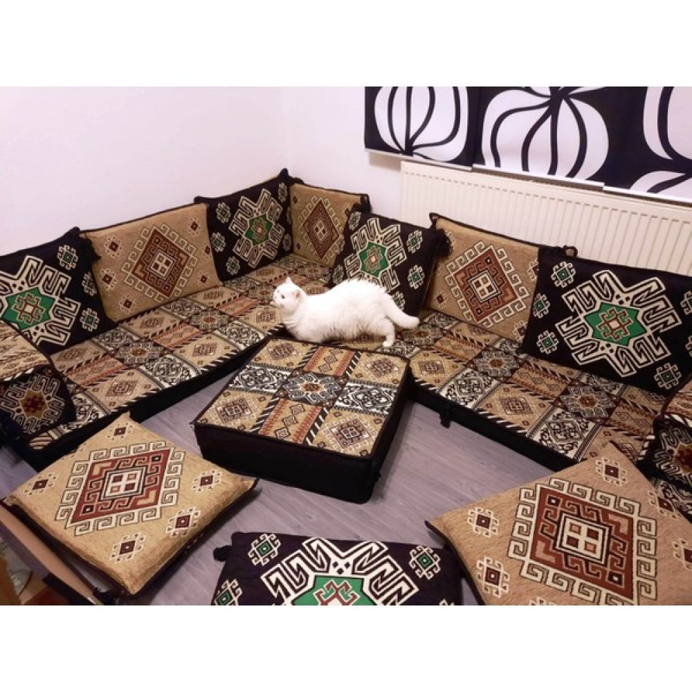 Coton Otantik Şark Köşesi Minderi Ikili Sedir , Orta Puf Takımı Konsept 15 Parça - Kahverengi Puf Fiyatı