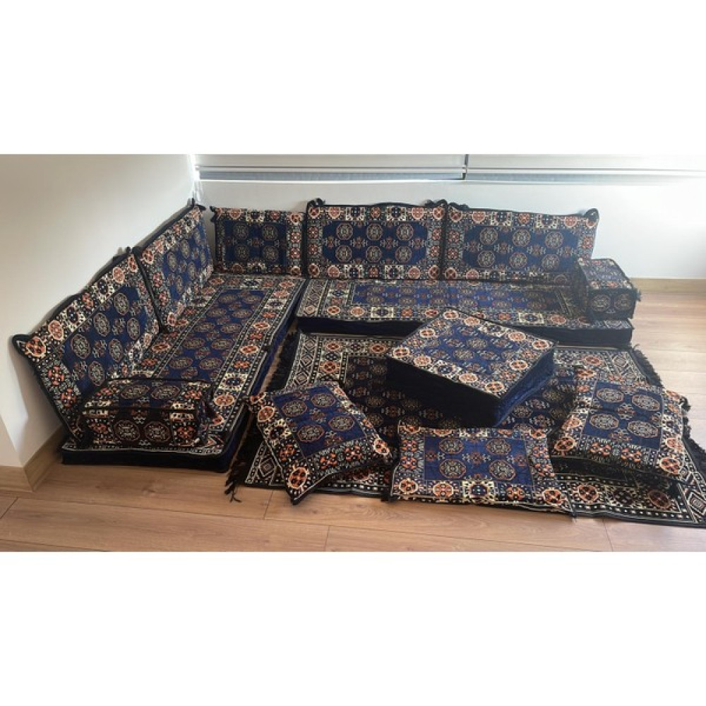 Coton Şark Köşesi Minderi 120 - 180 cm Kilim, Orta Puf Takımı Konsept Mavi 14 Parça Puf Fiyatı