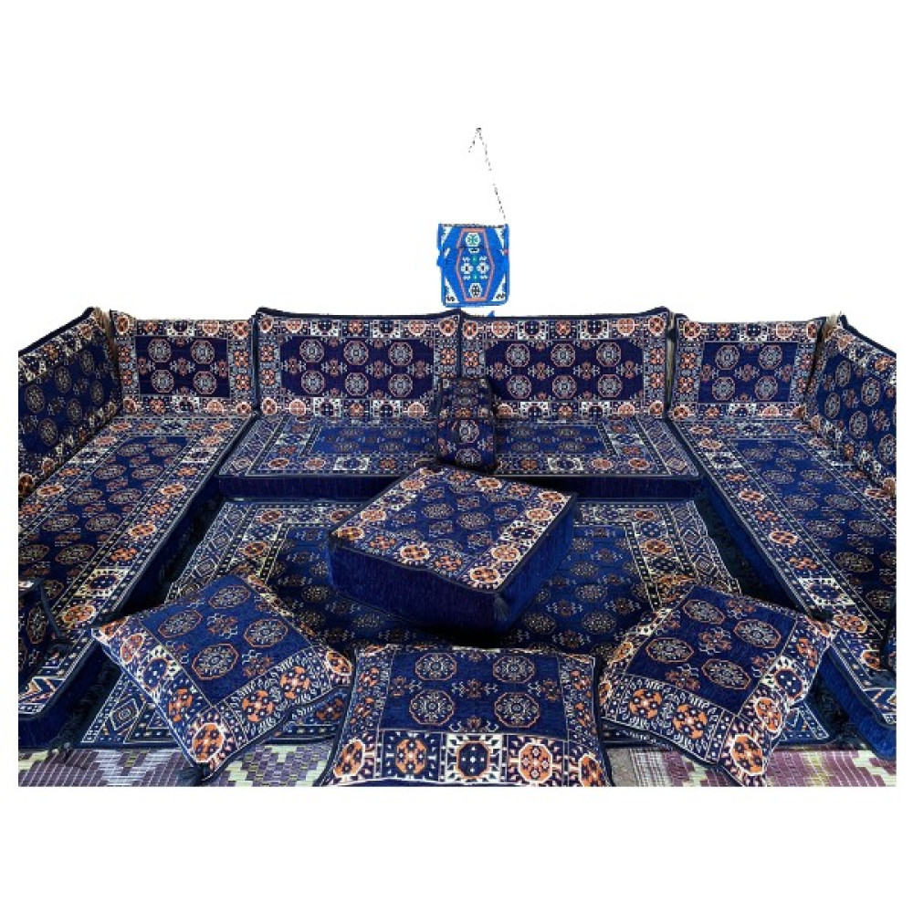 Coton Şark Köşesi Minderi Afgan Desenli 120 x 180 cm Kilim, Orta Puf, Heybe Çanta Takımı Konsept Mavi 20 Parça Puf Fiyatı
