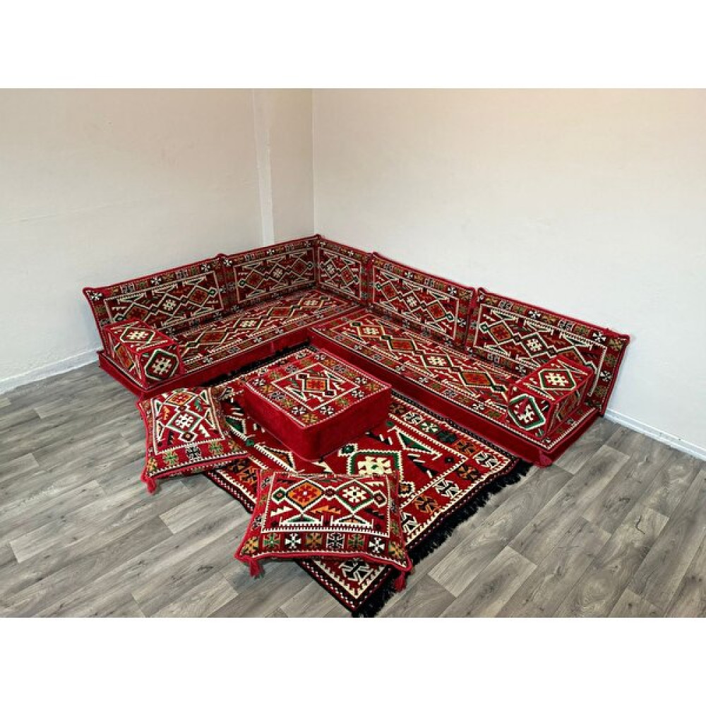 Coton Şark Köşesi Minderi Anadolu Desenli Kilim Takımı Konsept Kırmızı Puf Fiyatı