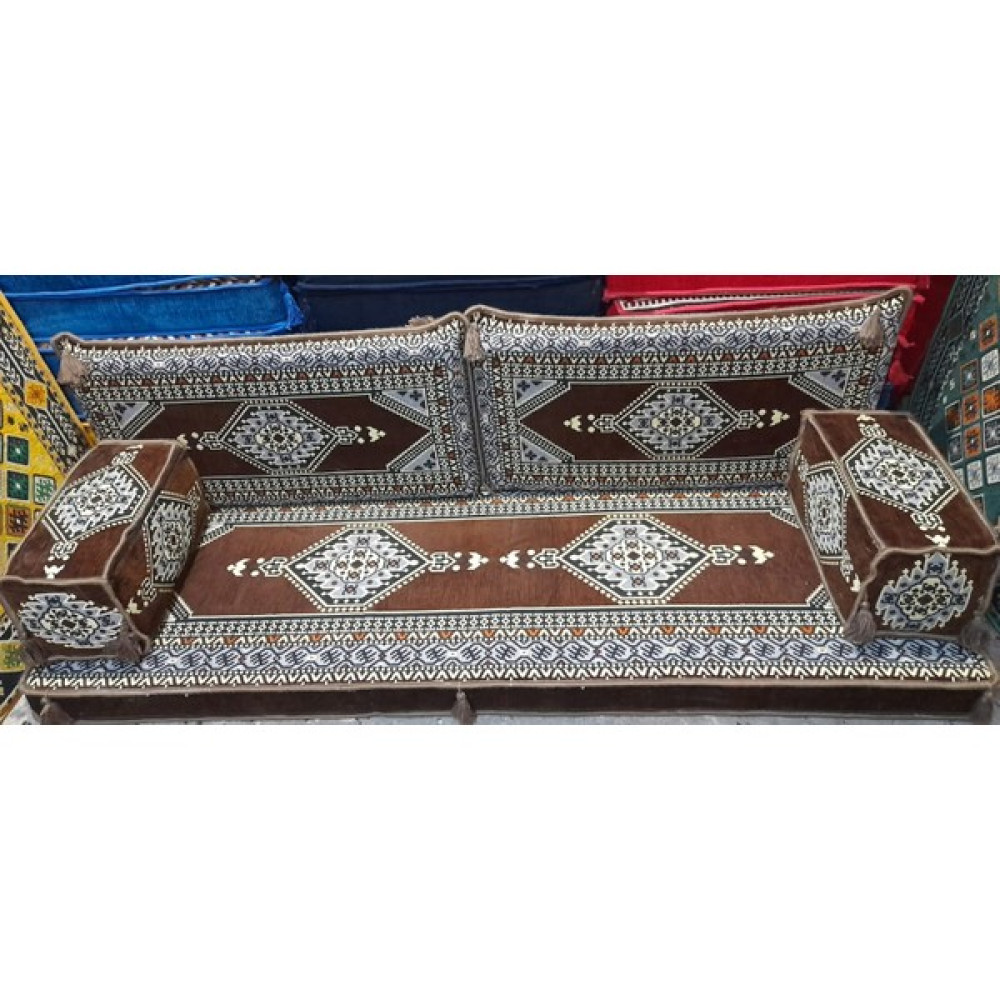 Coton Şark Köşesi Minderi Saraylı Desenli İkili Sedir Takımı Kahverengi Puf Fiyatı