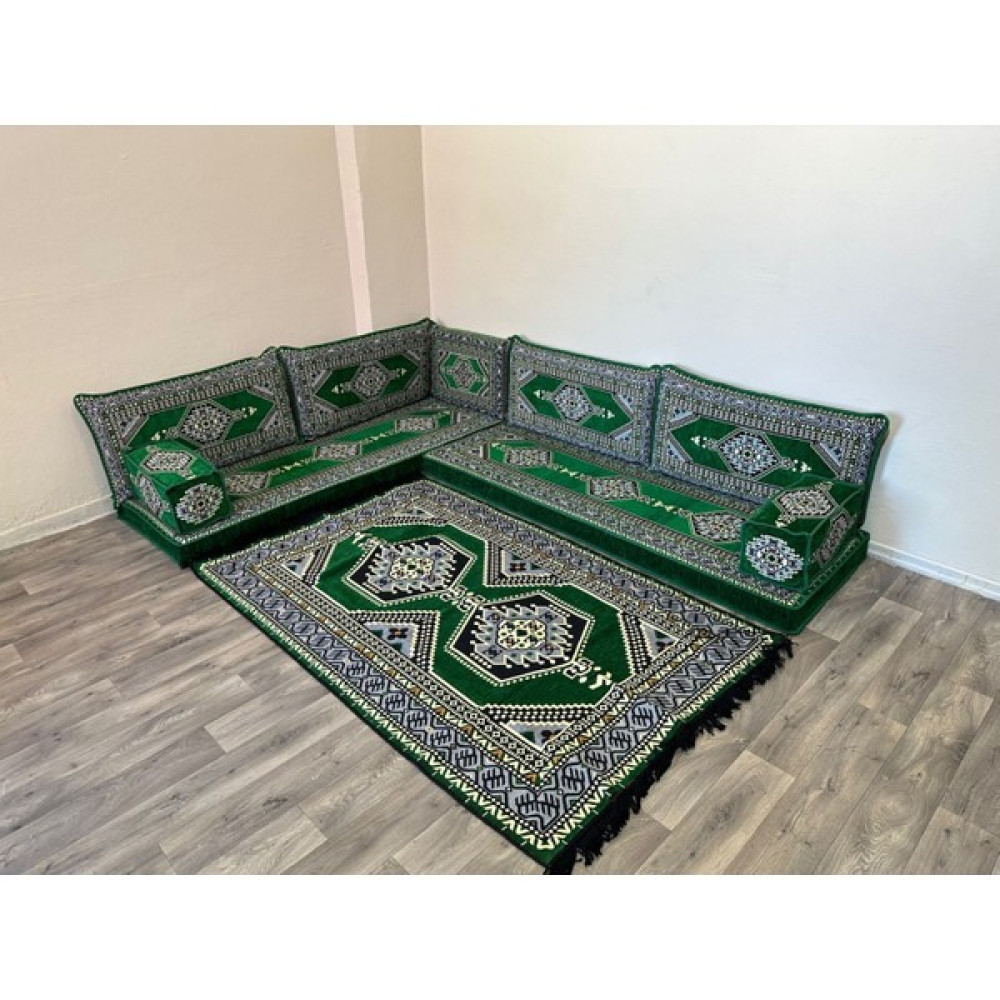 Coton Şark Köşesi Saraylı Desenli Minder, Kilim Takımlarımız Konsept Yeşil Puf Fiyatı