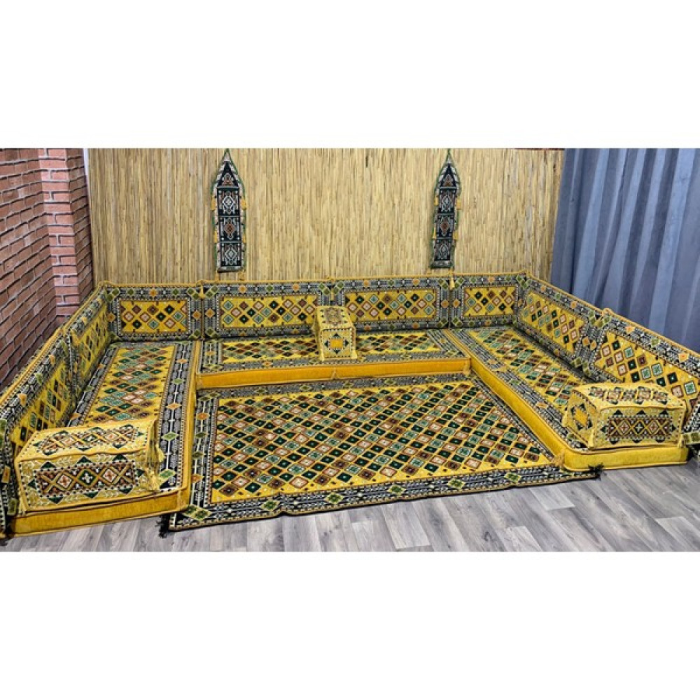 Coton Şark Köşesi Şili Desenli Minder, Kilim, Heybe Çanta Takımı Konsept Sarı 17 Parça Puf Fiyatı