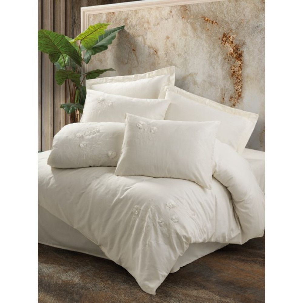 Cotton Box 3D Nakışlı Çift Kişilik Saten Nevresim Takımı Pure Ekru - 200 x 220  cm Nevresim Takımı Fiyatı
