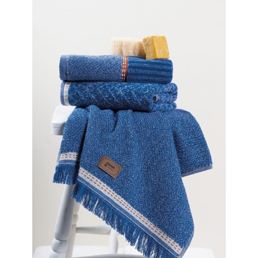 Cotton Box 3'lü Jakarlı Havlu Seti Çantalı (50X90)-DENIM Mavi - 50 x 90 cm El / Yüz Havlusu Fiyatı