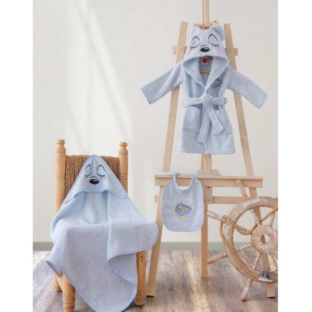 Cotton Box Baby Bornoz Seti Bornoz + Kundak + Önlük Mavi Bear Bebek Banyo-Tuvalet Fiyatı