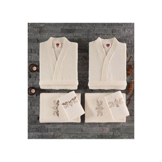 Cotton Box Nakıslı Krem Aile Bornoz Seti