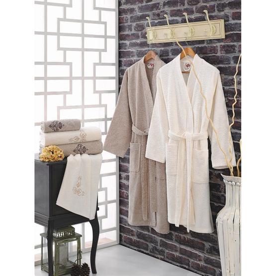 Cotton Box Nakıslı Krem Aile Bornoz Seti