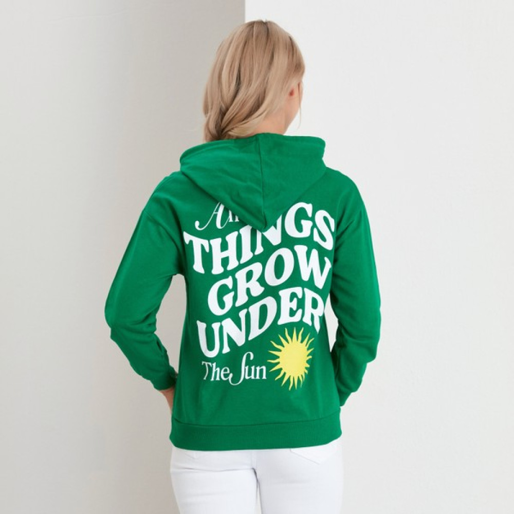 Cotton Chief Yeşil Sırt Baskılı Kapüşonlu Kadın Sweatshirt Bayan Sweatshirt Fiyatı