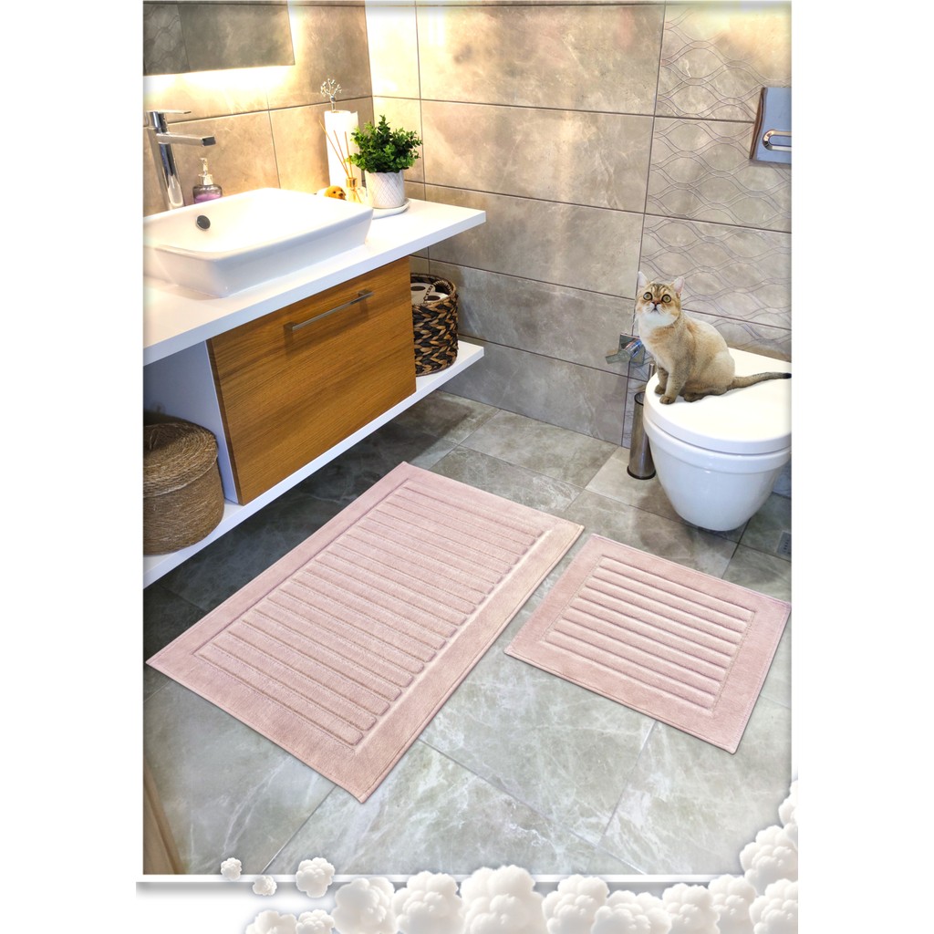 Cotton Crafty %100 Pamuk Dokuma Banyo Paspas Seti, Banyo Halısı Şeritli 60X100 - 60X50 - Pudra Araca Özel Paspaslar Fiyatı